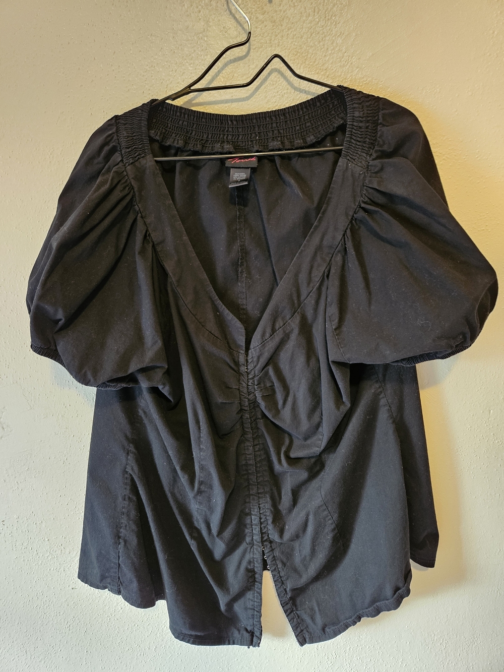 Black Puff-Sleeve V-Neck Top